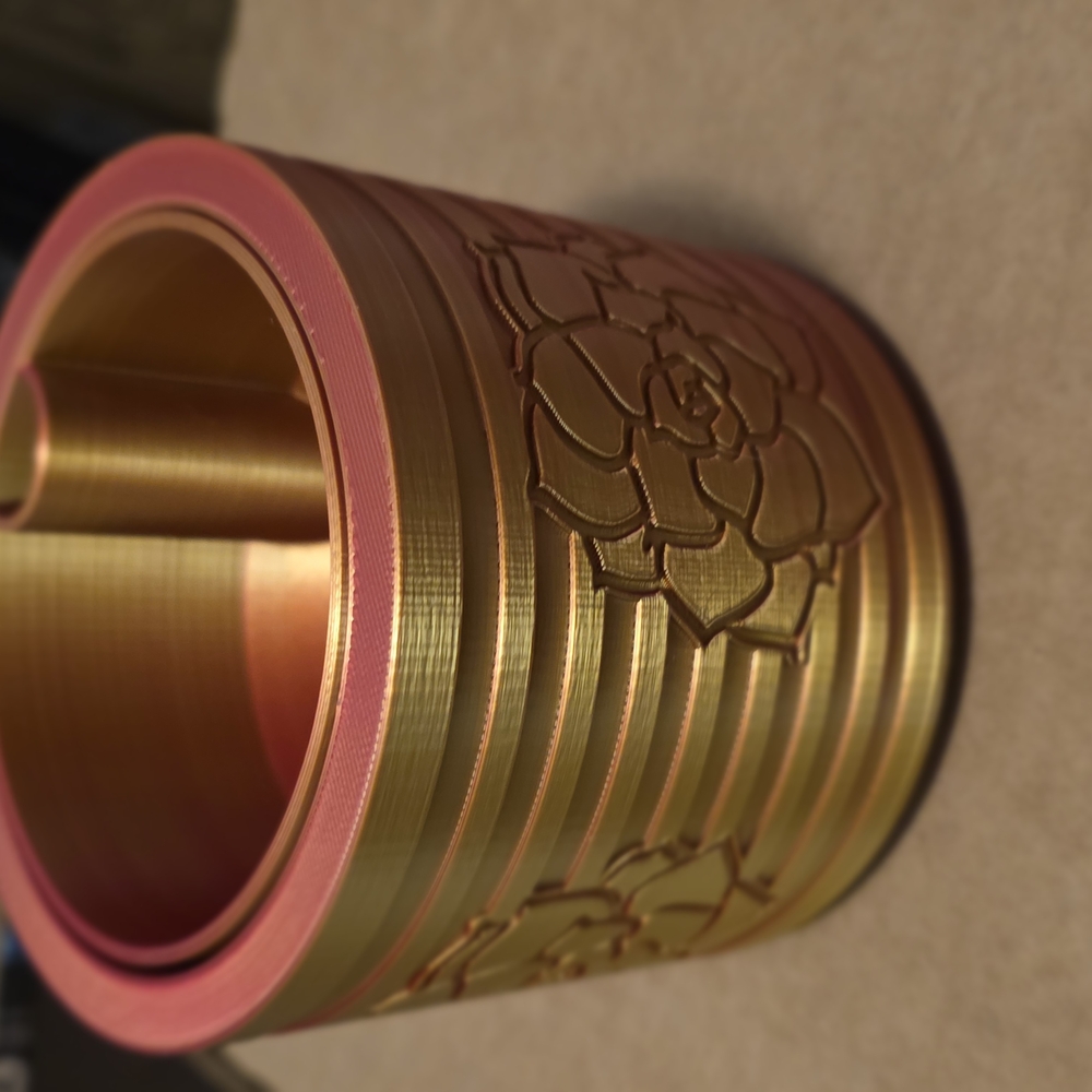 Gold and Pink Floral Engraved Metal Container